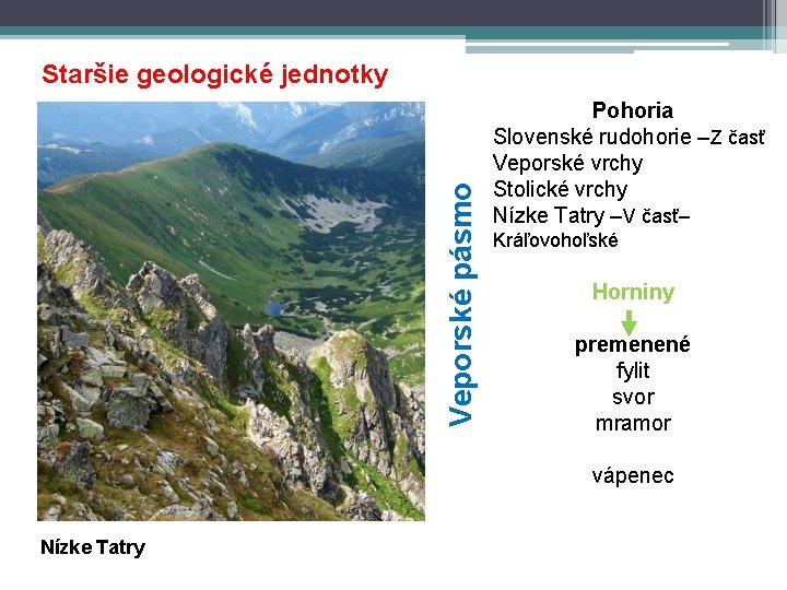 Veporské pásmo Staršie geologické jednotky Pohoria Slovenské rudohorie –Z časť Veporské vrchy Stolické vrchy