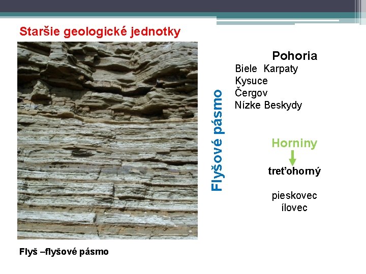 Staršie geologické jednotky Flyšové pásmo Pohoria Flyš –flyšové pásmo Biele Karpaty Kysuce Čergov Nízke