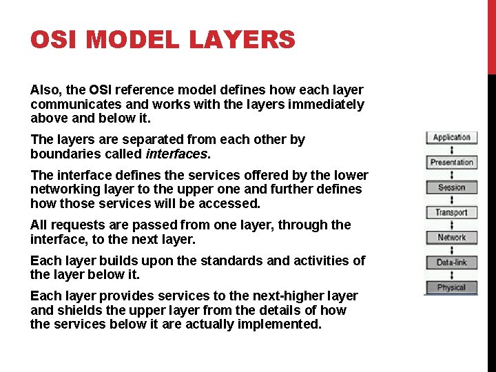 OSI MODEL LAYERS Also, the OSI reference model defines how each layer communicates and