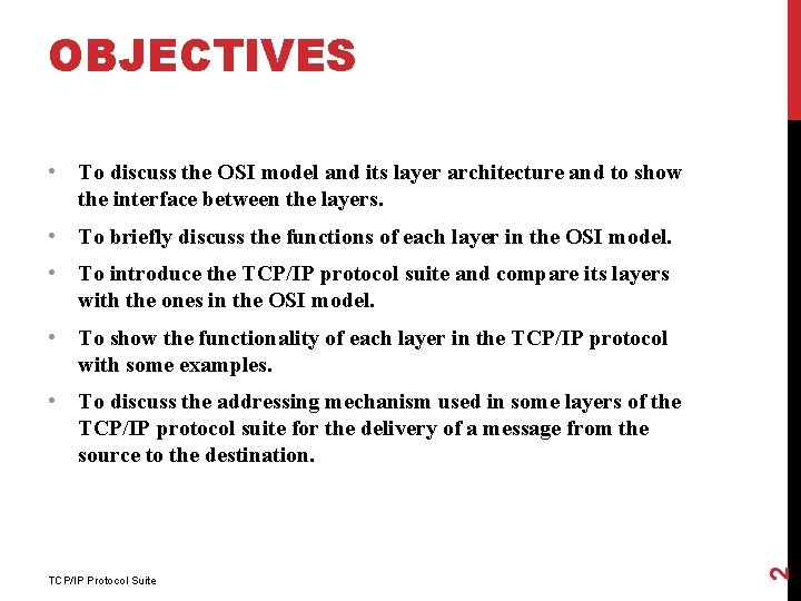 OBJECTIVES • To discuss the OSI model and its layer architecture and to show