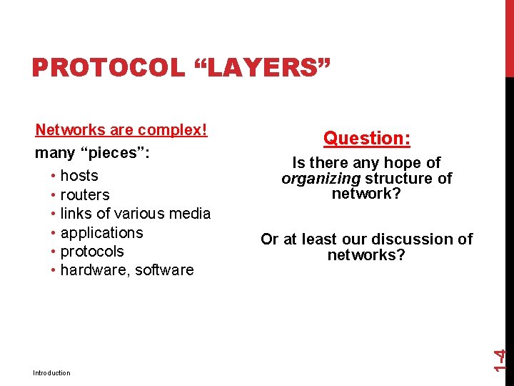 PROTOCOL “LAYERS” Introduction Question: Is there any hope of organizing structure of network? Or