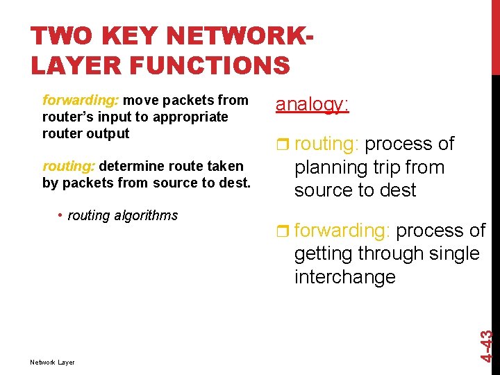 TWO KEY NETWORKLAYER FUNCTIONS forwarding: move packets from router’s input to appropriate router output
