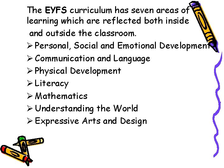 The EYFS curriculum has seven areas of learning which are reflected both inside and