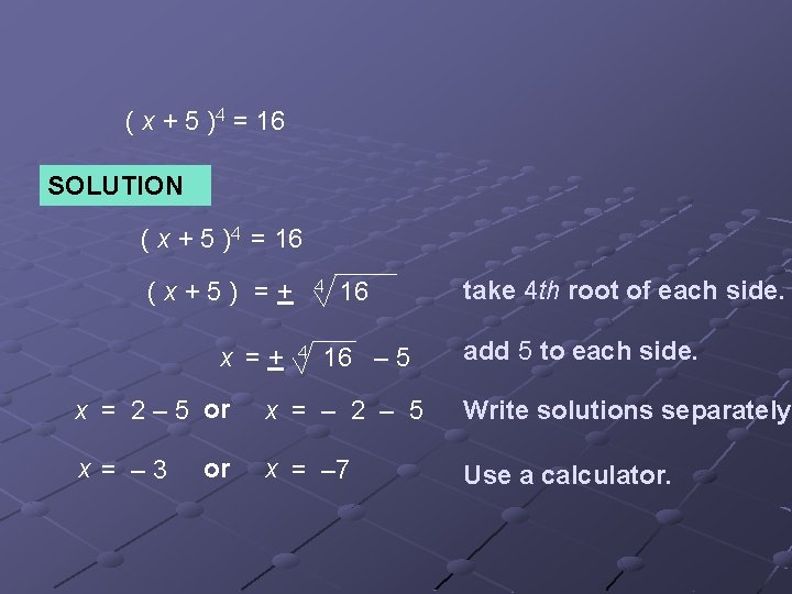 ( x + 5 )4 = 16 SOLUTION ( x + 5 )4 =