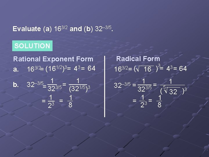 Evaluate (a) 163/2 and (b) 32– 3/5. SOLUTION Rational Exponent Form a. 163/2= (161/2)3=