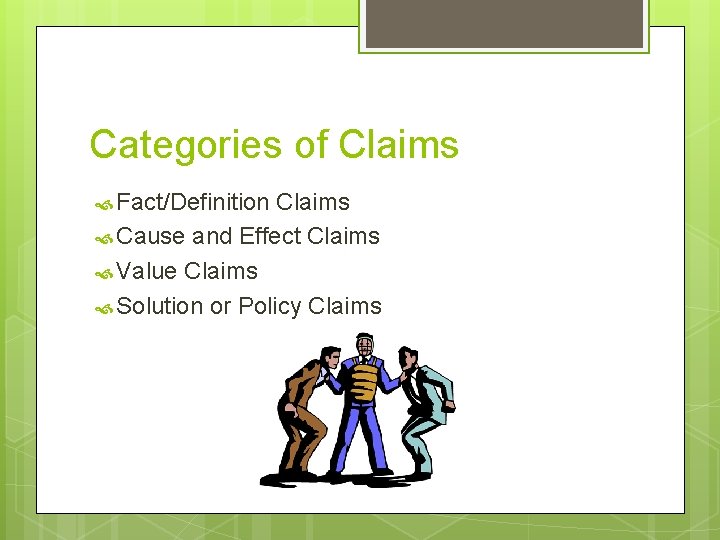 Categories of Claims Fact/Definition Claims Cause and Effect Claims Value Claims Solution or Policy