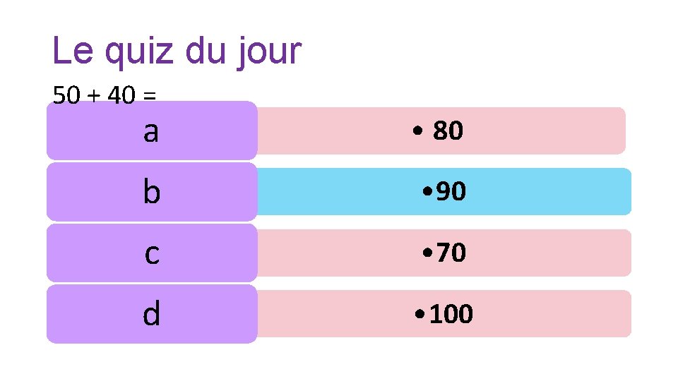 Le quiz du jour 50 + 40 = a • 80 b • 90