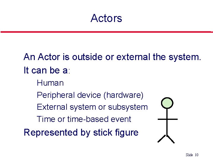 Actors An Actor is outside or external the system. It can be a: • Actors An Actor is outside or external the system. It can be a: •