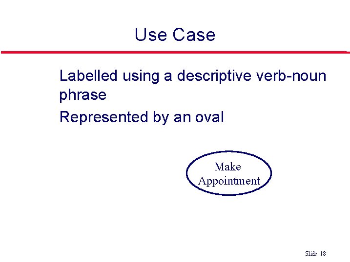 Use Case Labelled using a descriptive verb-noun phrase Represented by an oval Make Appointment Use Case Labelled using a descriptive verb-noun phrase Represented by an oval Make Appointment