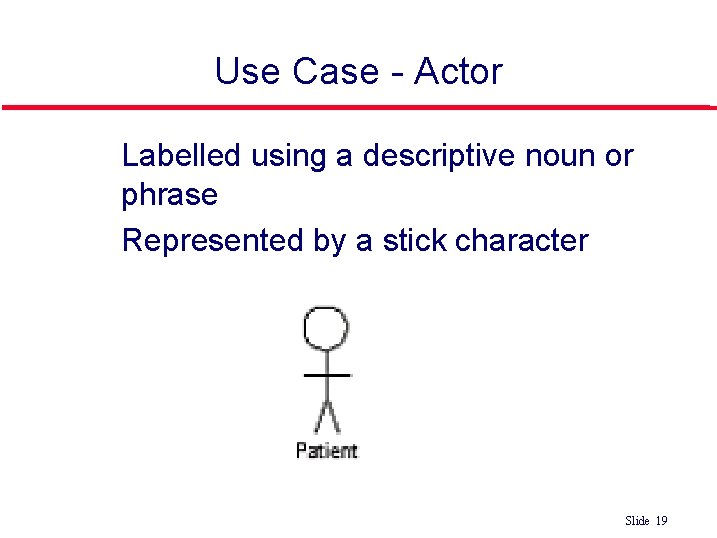 Use Case - Actor Labelled using a descriptive noun or phrase Represented by a Use Case - Actor Labelled using a descriptive noun or phrase Represented by a