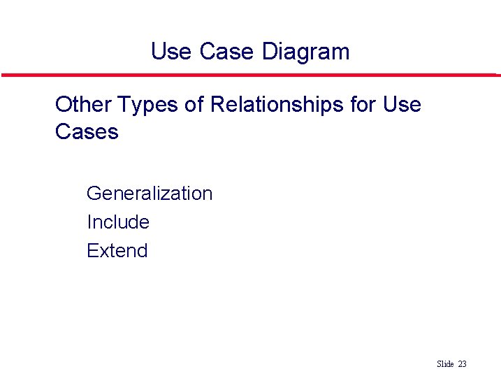 Use Case Diagram Other Types of Relationships for Use Cases • Generalization • Include Use Case Diagram Other Types of Relationships for Use Cases • Generalization • Include