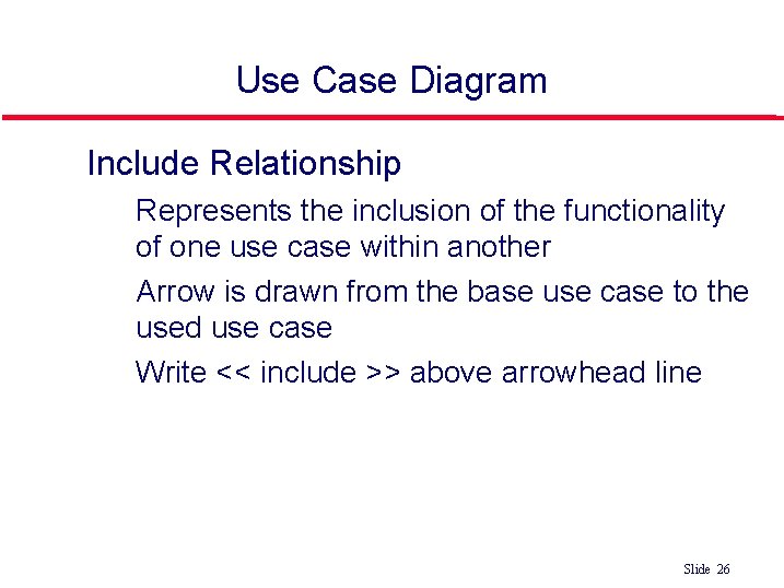 Use Case Diagram Include Relationship • Represents the inclusion of the functionality of one Use Case Diagram Include Relationship • Represents the inclusion of the functionality of one