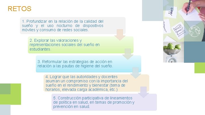 RETOS 1. Profundizar en la relación de la calidad del sueño y el uso