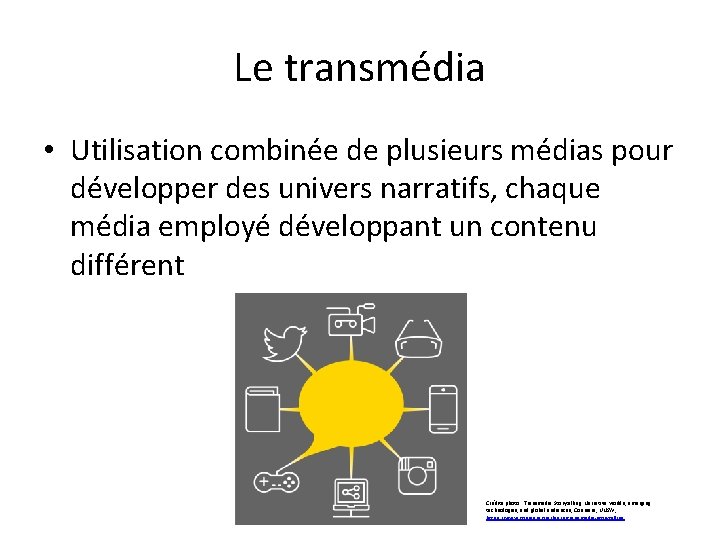 Le transmédia • Utilisation combinée de plusieurs médias pour développer des univers narratifs, chaque