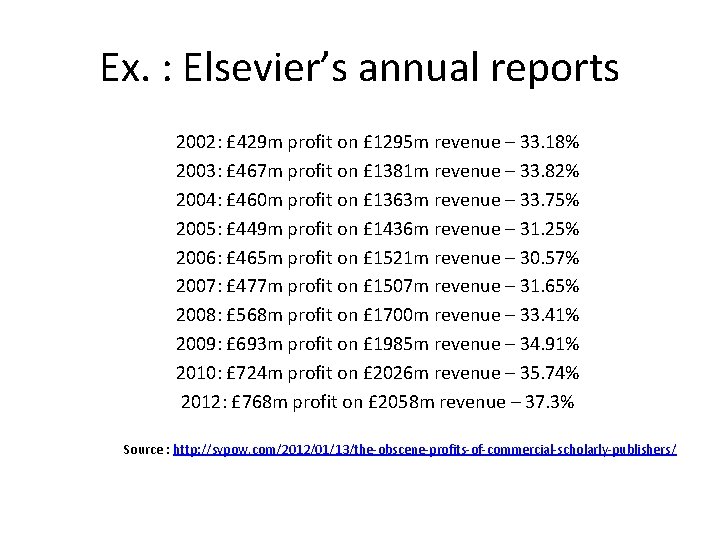 Ex. : Elsevier’s annual reports 2002: £ 429 m profit on £ 1295 m
