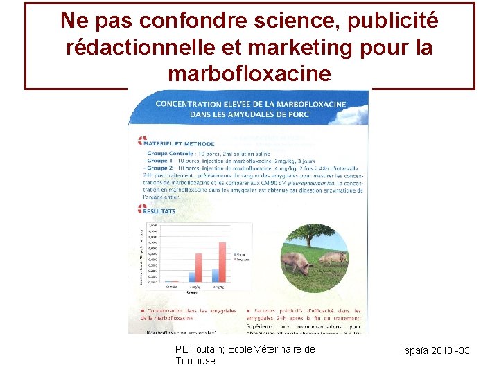 Ne pas confondre science, publicité rédactionnelle et marketing pour la marbofloxacine PL Toutain; Ecole