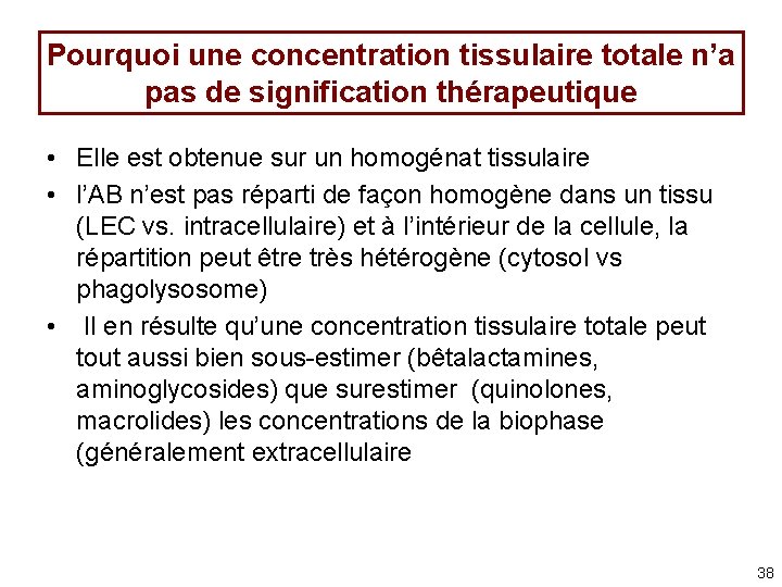 Pourquoi une concentration tissulaire totale n’a pas de signification thérapeutique • Elle est obtenue