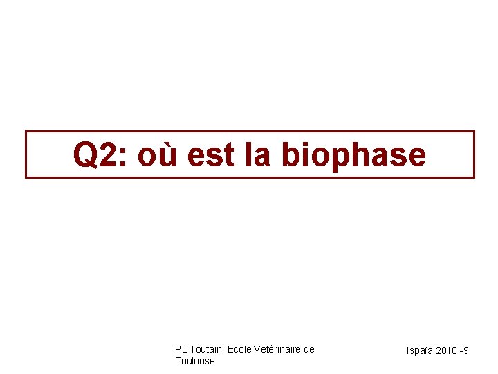 Q 2: où est la biophase PL Toutain; Ecole Vétérinaire de Toulouse Ispaïa 2010