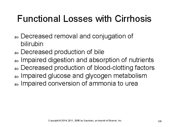 Functional Losses with Cirrhosis Decreased removal and conjugation of bilirubin Decreased production of bile