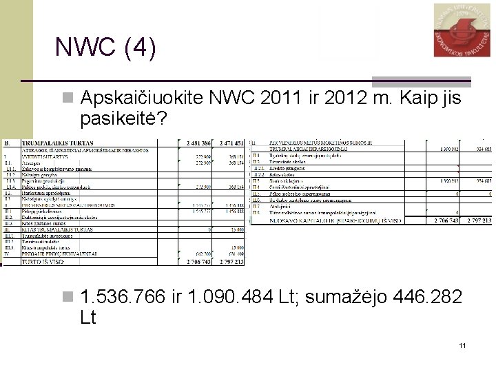 NWC (4) n Apskaičiuokite NWC 2011 ir 2012 m. Kaip jis pasikeitė? n 1.