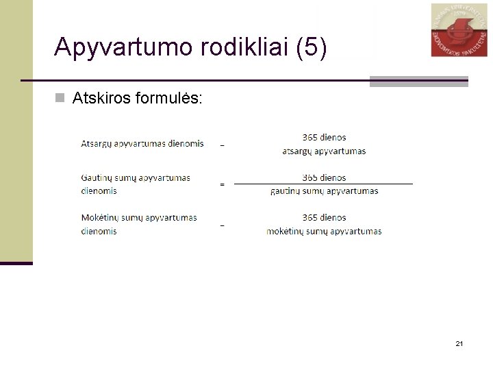 Apyvartumo rodikliai (5) n Atskiros formulės: 21 