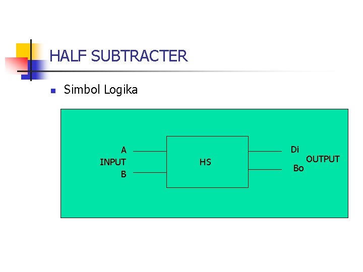 HALF SUBTRACTER n Simbol Logika A INPUT B Di HS Bo OUTPUT 