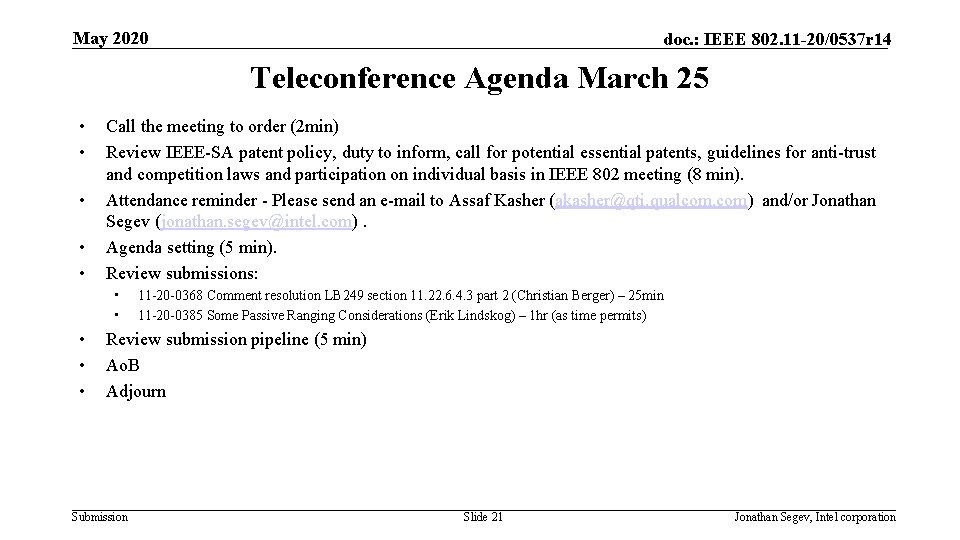 May 2020 doc. : IEEE 802. 11 -20/0537 r 14 Teleconference Agenda March 25