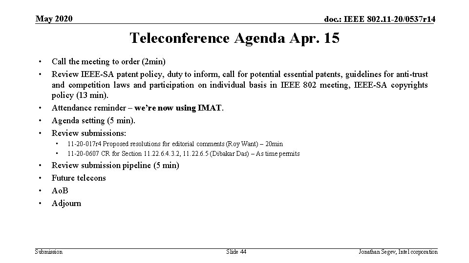 May 2020 doc. : IEEE 802. 11 -20/0537 r 14 Teleconference Agenda Apr. 15
