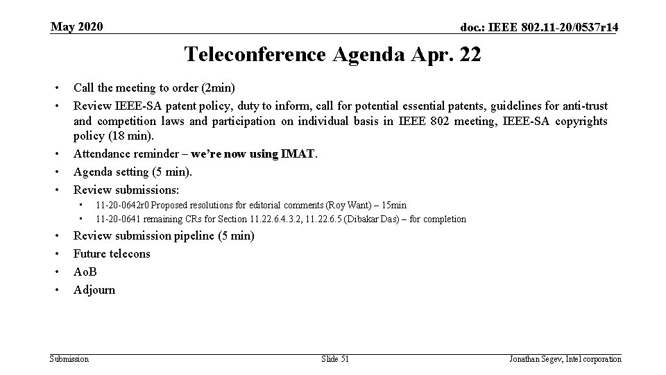 May 2020 doc. : IEEE 802. 11 -20/0537 r 14 Teleconference Agenda Apr. 22