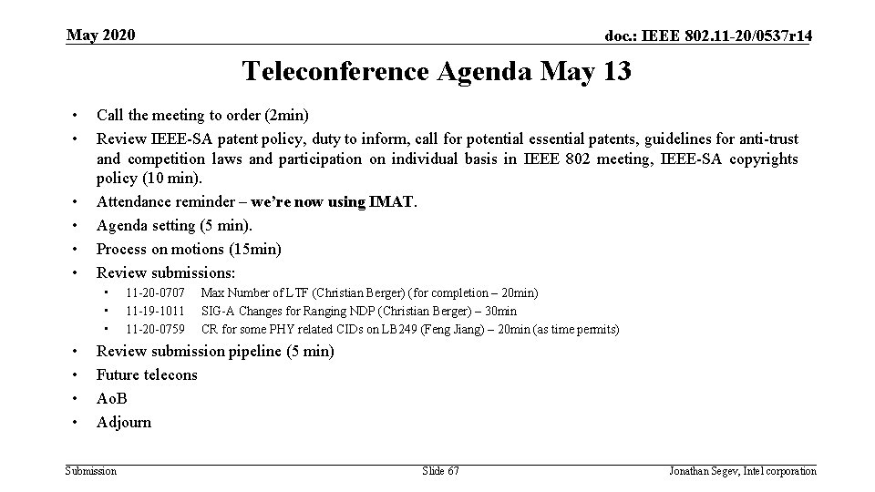May 2020 doc. : IEEE 802. 11 -20/0537 r 14 Teleconference Agenda May 13