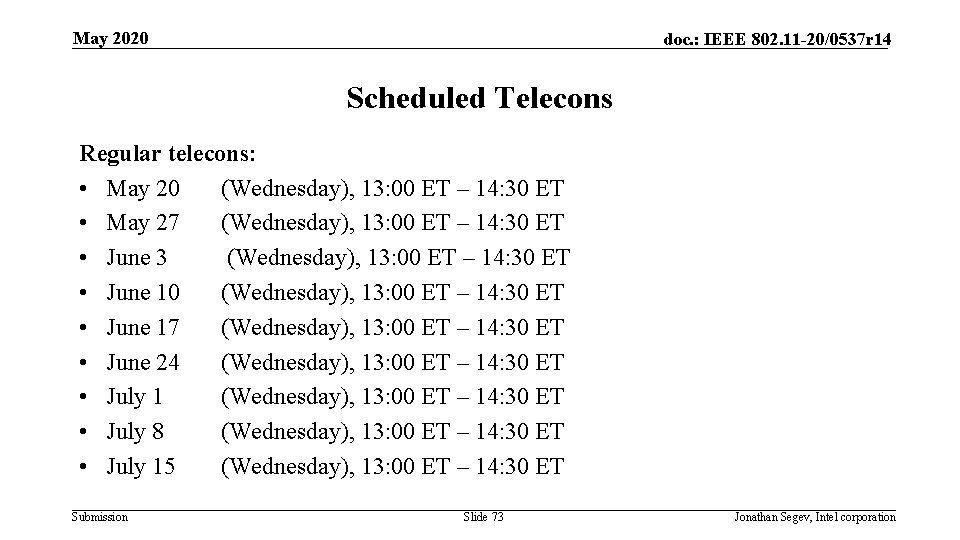 May 2020 doc. : IEEE 802. 11 -20/0537 r 14 Scheduled Telecons Regular telecons: