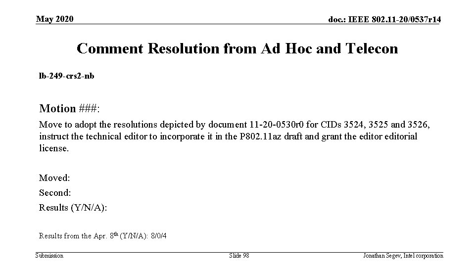 May 2020 doc. : IEEE 802. 11 -20/0537 r 14 Comment Resolution from Ad