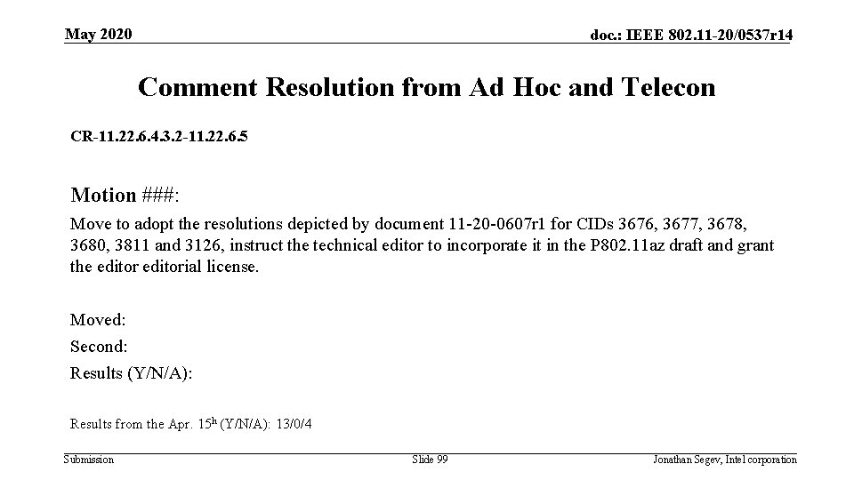 May 2020 doc. : IEEE 802. 11 -20/0537 r 14 Comment Resolution from Ad