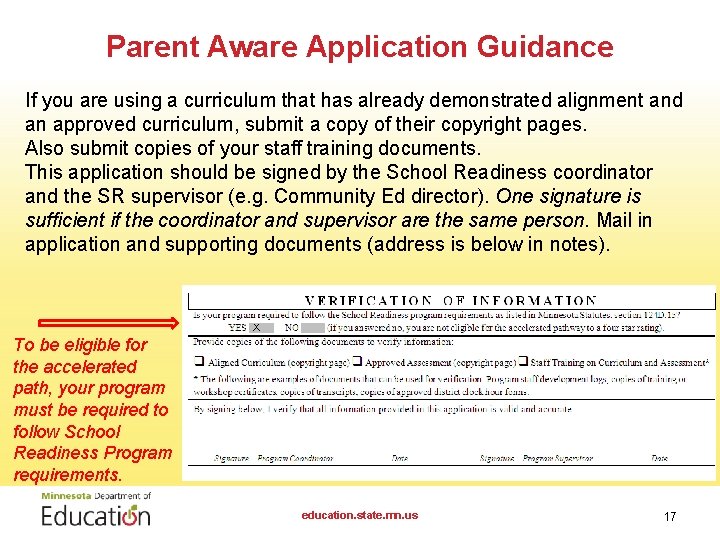 Parent Aware Application Guidance If you are using a curriculum that has already demonstrated