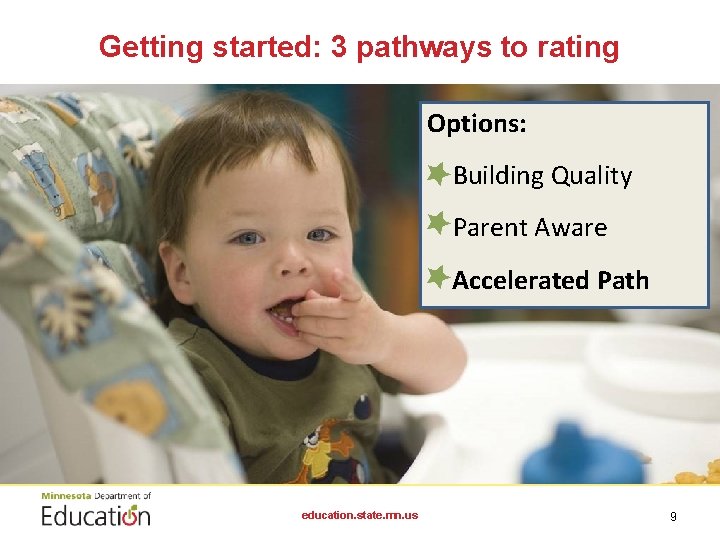 Getting started: 3 pathways to rating Options: Building Quality Parent Aware Accelerated Path education.