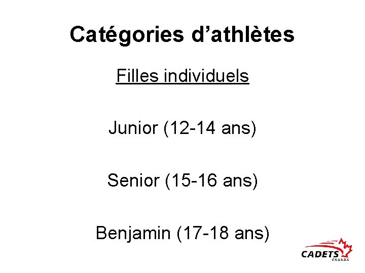 Catégories d’athlètes Filles individuels Junior (12 -14 ans) Senior (15 -16 ans) Benjamin (17