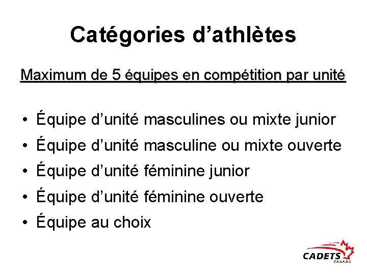 Catégories d’athlètes Maximum de 5 équipes en compétition par unité • Équipe d’unité masculines