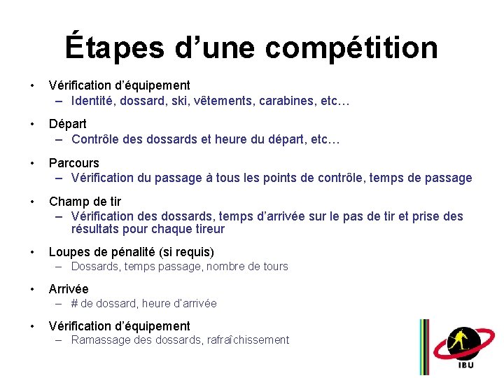 Étapes d’une compétition • Vérification d’équipement – Identité, dossard, ski, vêtements, carabines, etc… •