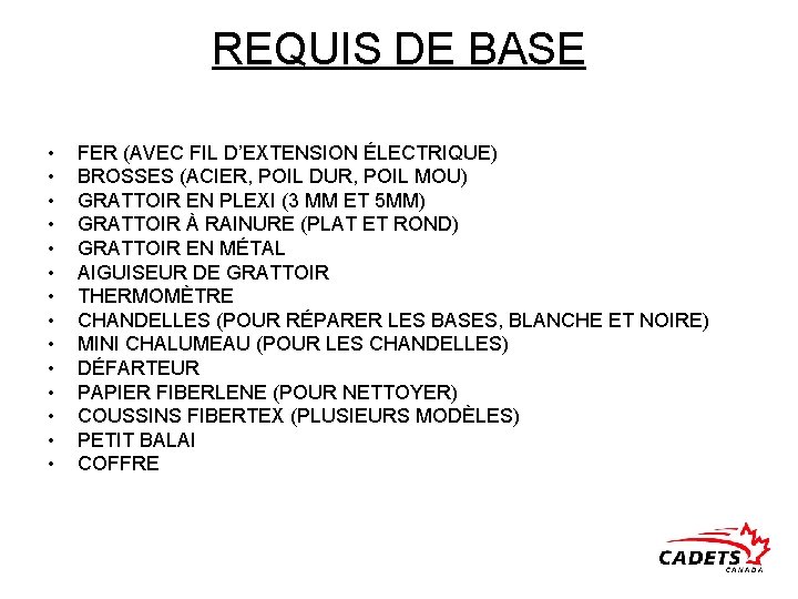 REQUIS DE BASE • • • • FER (AVEC FIL D’EXTENSION ÉLECTRIQUE) BROSSES (ACIER,