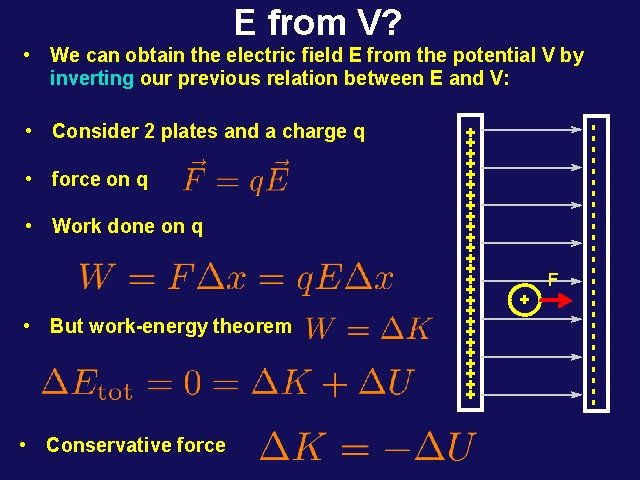 E from V? • Work done on q • But work-energy theorem • Conservative