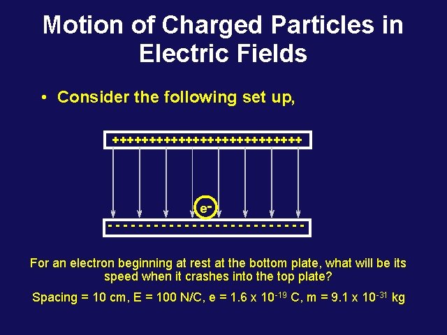Motion of Charged Particles in Electric Fields • Consider the following set up, +++++++++++++