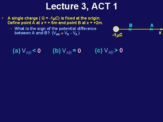 Lecture 3, ACT 1 • A single charge ( Q = -1 m. C)