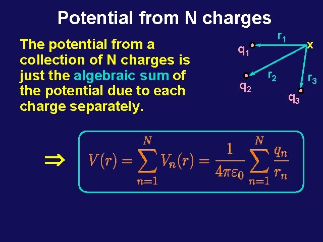 Potential from N charges The potential from a collection of N charges is just