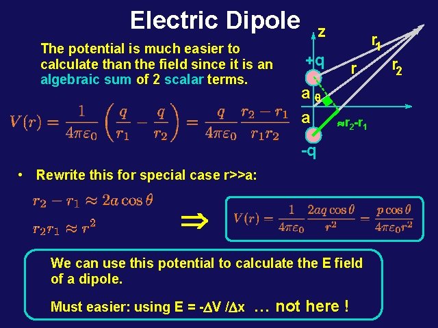 Electric Dipole The potential is much easier to calculate than the field since it