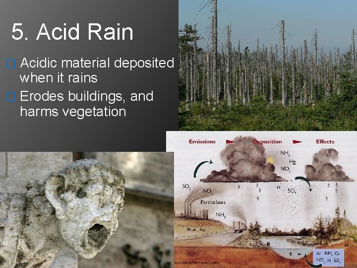 5. Acid Rain Acidic material deposited when it rains � Erodes buildings, and harms