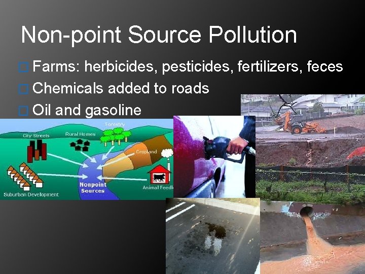 Non-point Source Pollution � Farms: herbicides, pesticides, fertilizers, feces � Chemicals added to roads