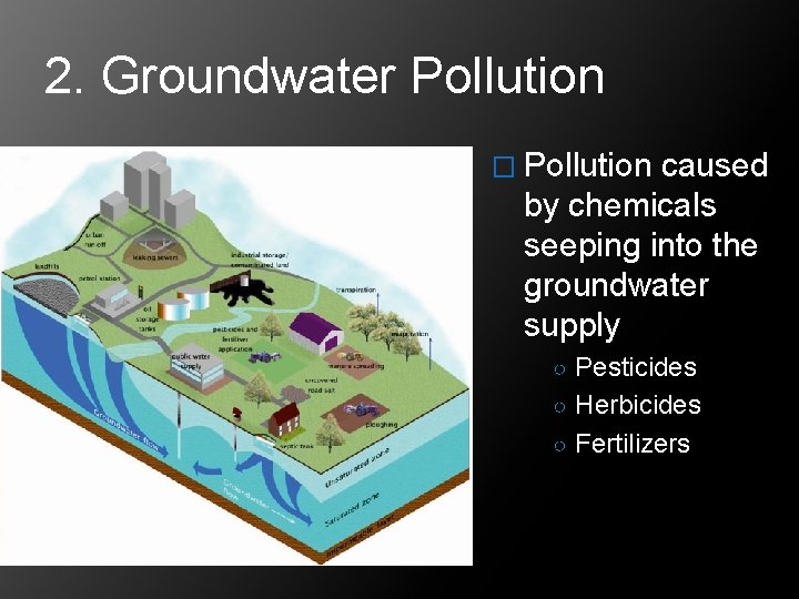 2. Groundwater Pollution � Pollution caused by chemicals seeping into the groundwater supply ○
