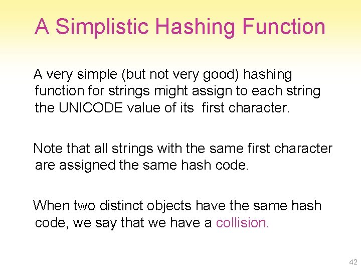 A Simplistic Hashing Function A very simple (but not very good) hashing function for