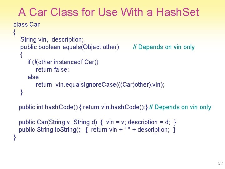 A Car Class for Use With a Hash. Set class Car { String vin,