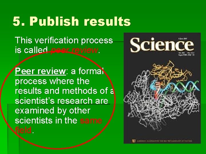 5. Publish results This verification process is called peer review. Peer review: a formal